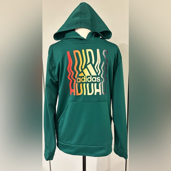 ADIDAS Size 14/16 Boys Green Hooded Sweatshirt with Pockets and Colorful Logo - Picture 4 of 6